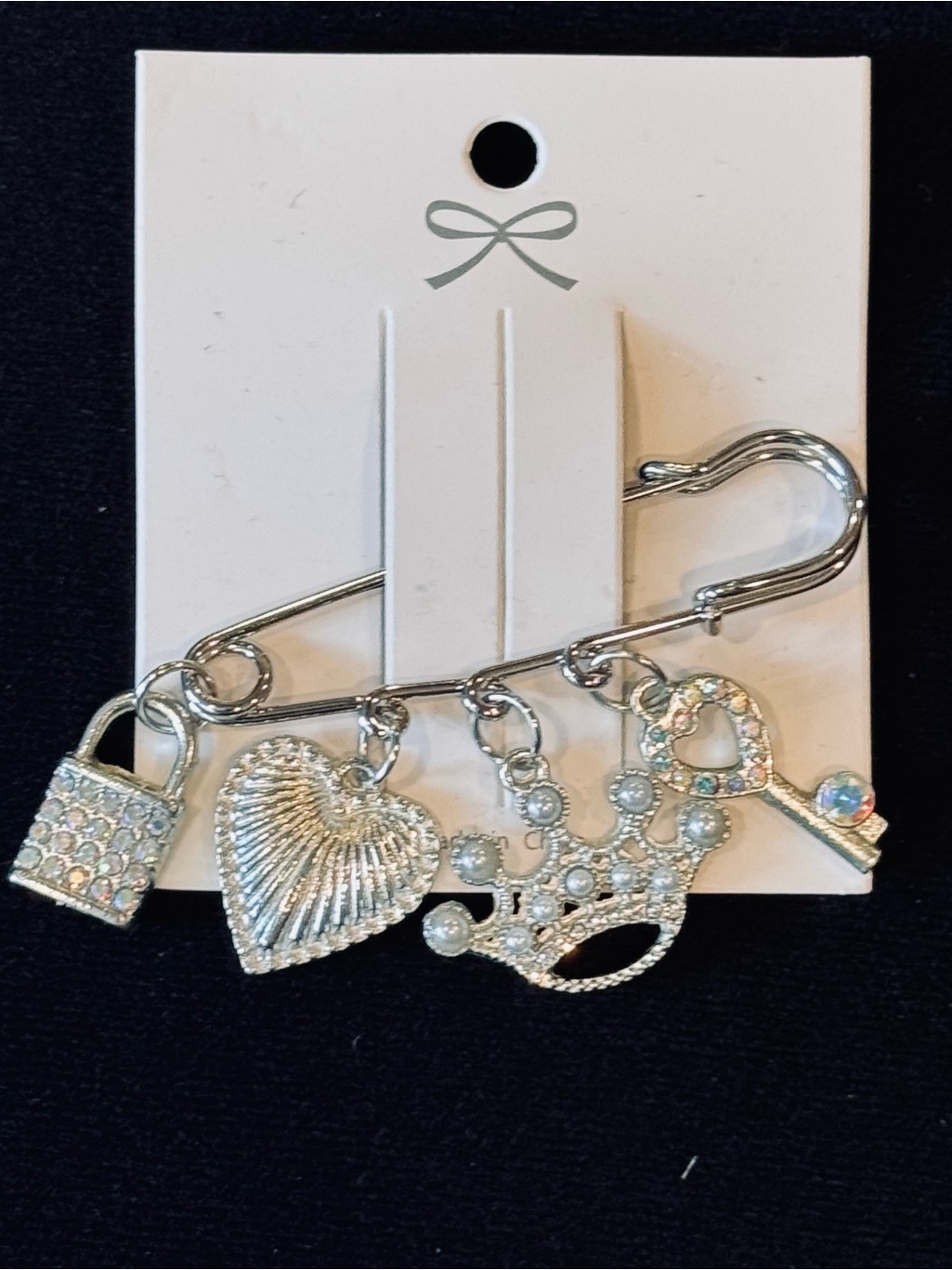 Nwt Silver Rhinestone Safety Pin Charm Brooch Lock Heart Crown Key